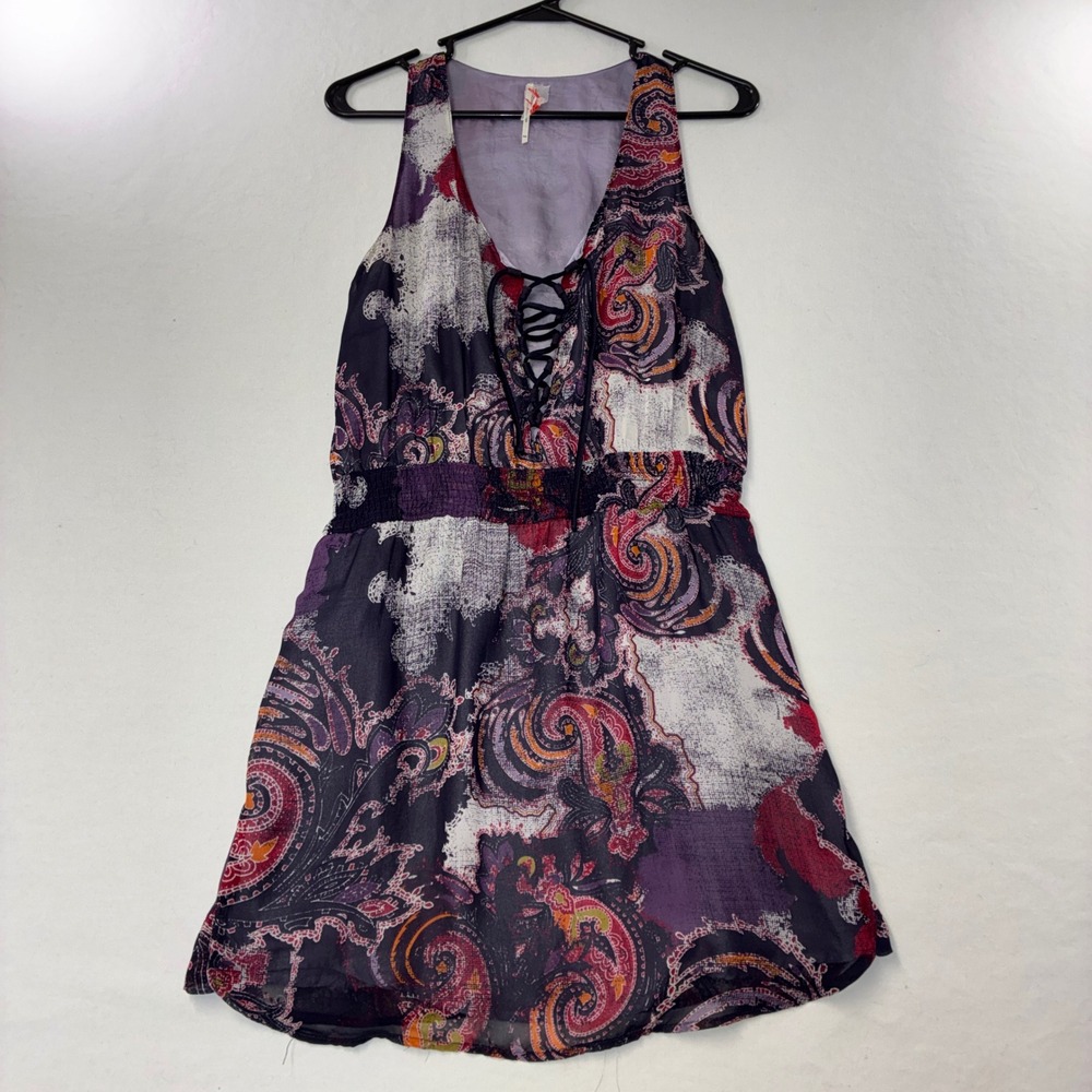 625 Boho Free People Mini Dress XS Purple Paisley Lace Up Smocked Pocket